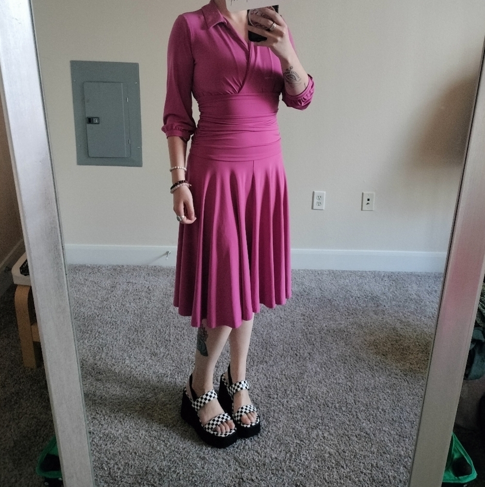 Fun Y2k Style Pink Women's Dress Midi Quarter Sleeve Collar